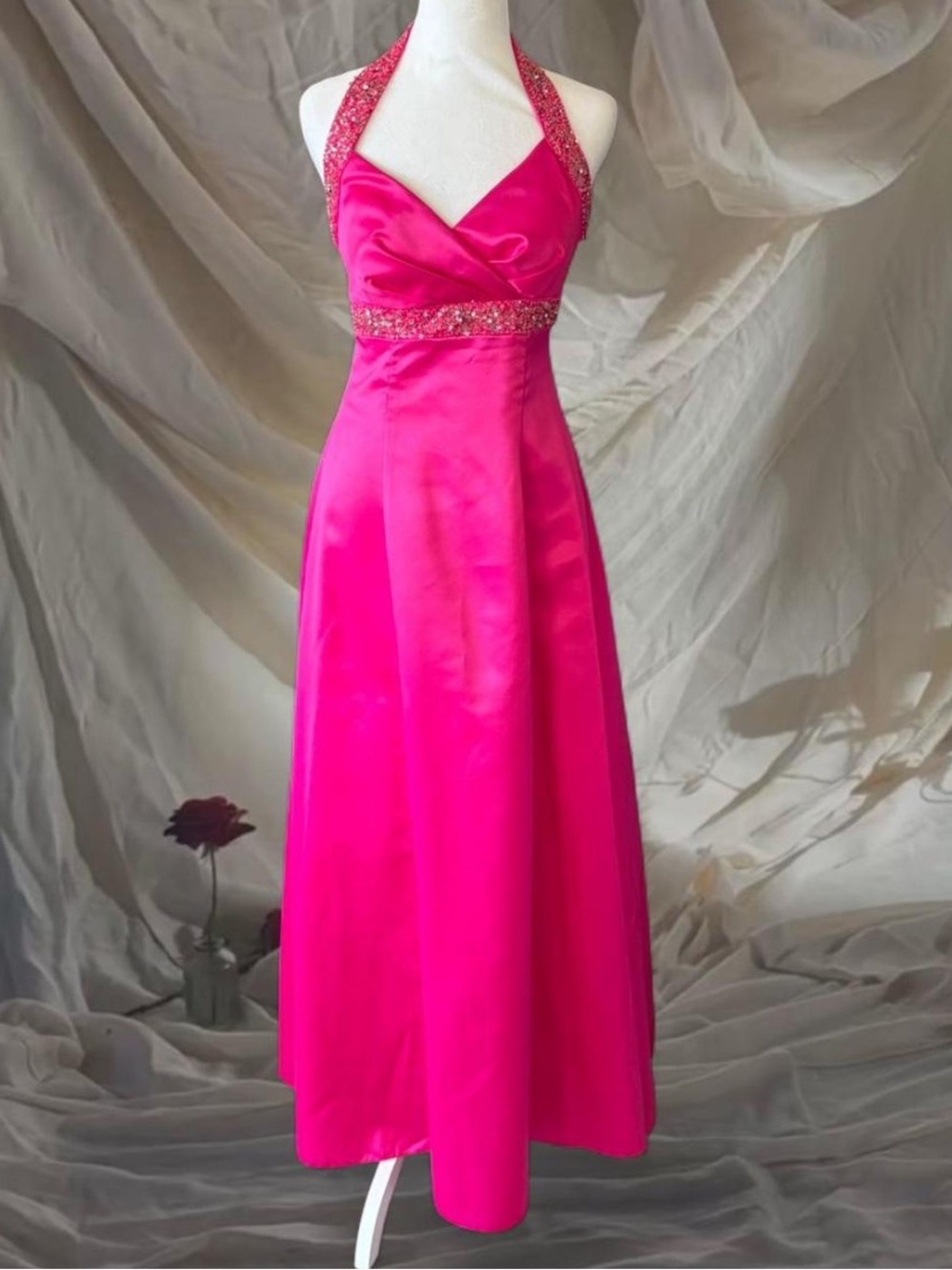 Vintage City Triangles Hot Pink Halter Evening Dress with Beaded Detail